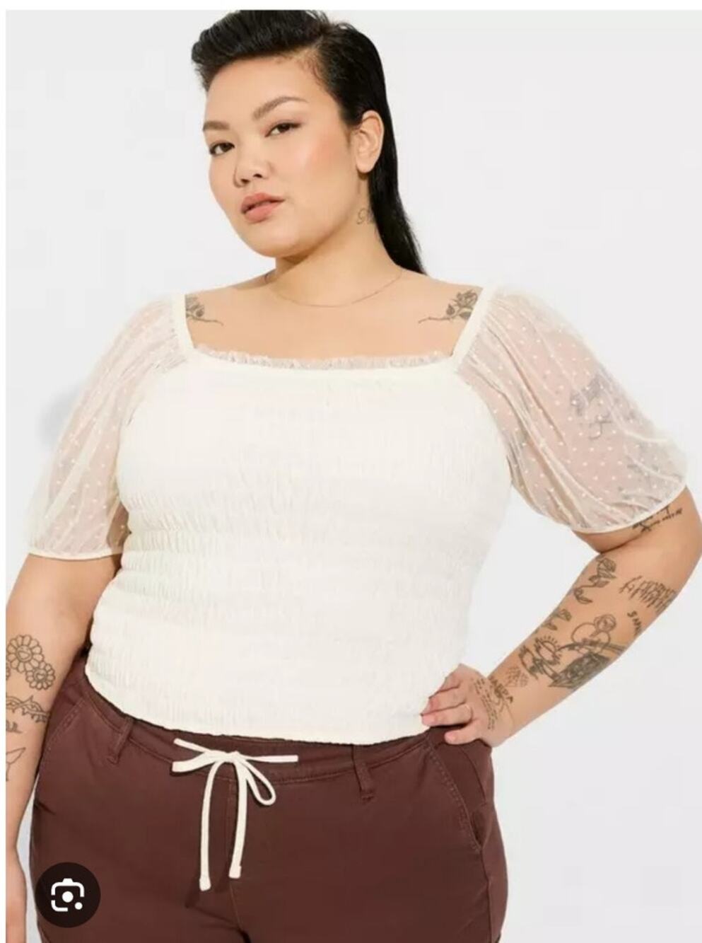 Torrid 2 Women 2x Ivory Dot Mesh Square Neck Smocked Crop Top New!